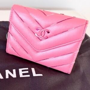 Pink CHANEL Compact Leather Wallet Card Holder